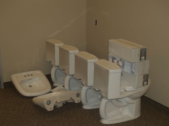 toilets and sinks await installation
